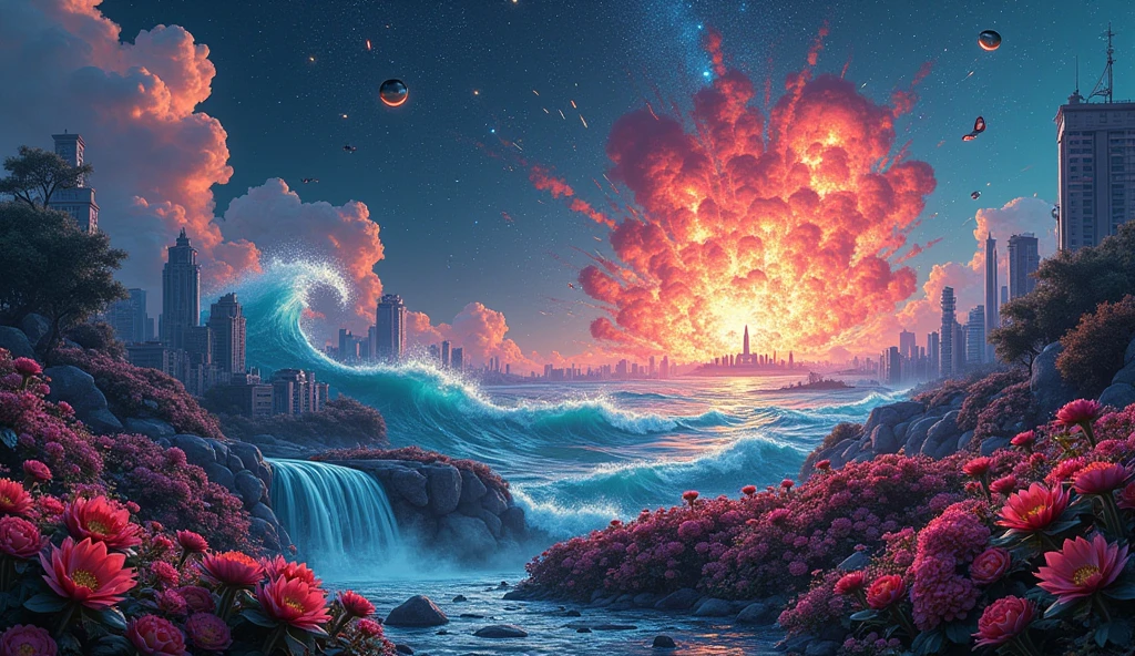 An explosion of visual chaos in a surreal setting: a night sky pulsating with bright neon colors, where stars disintegrate into fragments of light. In the background, a distorted city with buildings that bend and twist into impossible shapes, while melted clocks spread like ink stains. and an explosion from the side with a tsunami , and broken clocks and mirrors float in the air. In the foreground, a flower garden with glass petals that reflect chaotic geometric patterns and a waterfall made of light. All in a frenetic mix of distorted realism and abstraction, creating an environment of pure disorder and chaotic beauty.