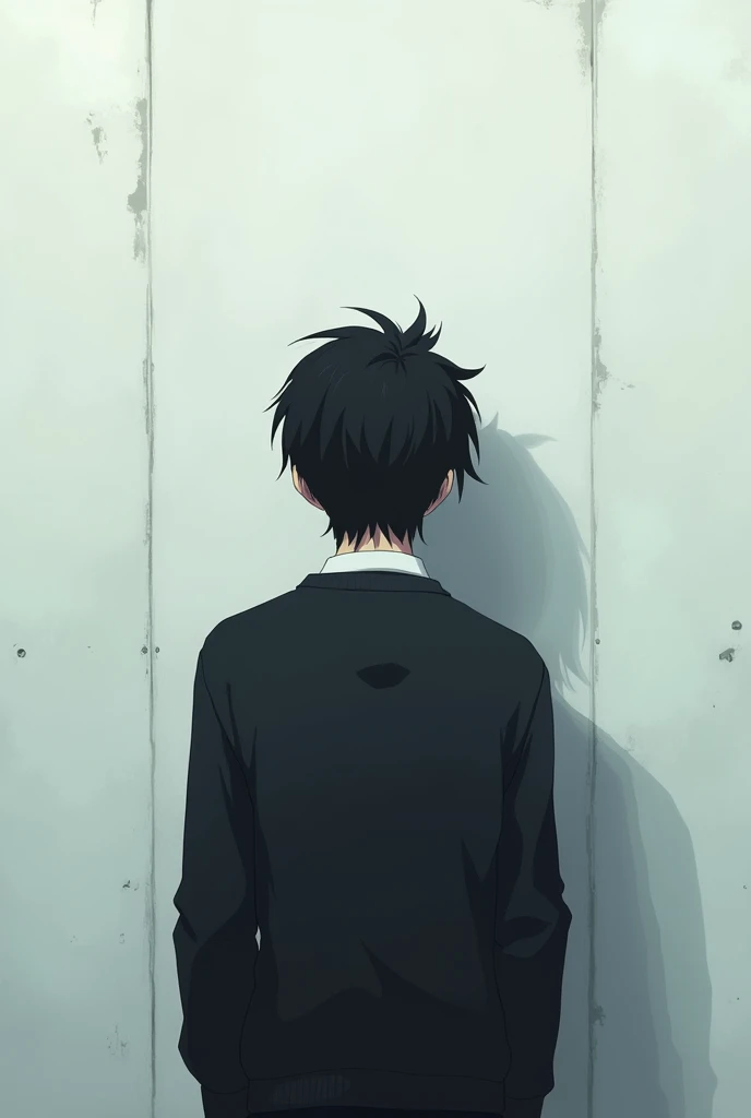 The image is in the style of a Ghibli studio anime., although somewhat gloomy and adult, A 20-year-old young man appears in it. He is standing in front of a white wall, you see him from behind, He has medium-long hair and black eyes.. He appears serious. He is wearing a black sweater.
