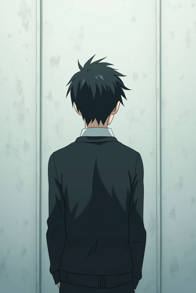 The image is in the style of a Ghibli studio anime., although somewhat gloomy and adult, A 20-year-old young man appears in it. He is standing in front of a white wall, you see him from behind, He has medium-long hair and black eyes.. He appears serious. He is wearing a black sweater.