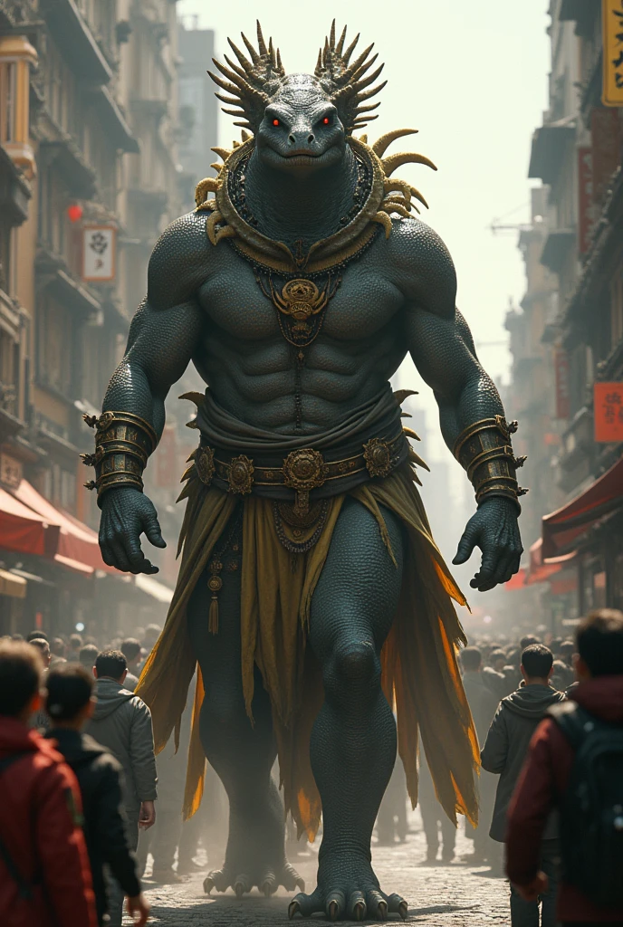 Reptilian wearing exu clothes tramples street