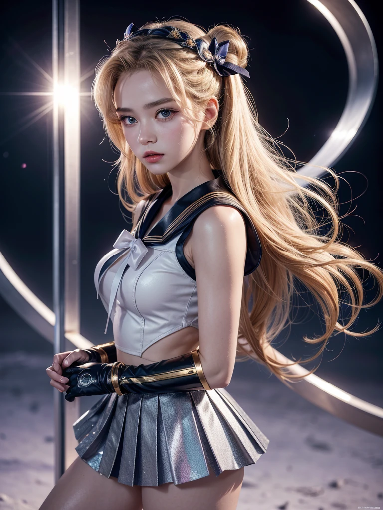 The modern version of Sailor Moon combines the heroine’s iconic look with contemporary touches. She keeps her long blonde hair, now styled in a double braid that mixes with the classic “odangos”, adding a sophisticated and modern air. Her warrior uniform is reimagined with technological fabrics that softly glow in the light, in a design that mixes futuristic fashion with traditional elements, such as the pleated skirt and the bow, now with holographic details. Her boots are more robust, with metallic details, and her gloves have advanced functions, such as controlling technological devices. The golden tiara remains present, but with a more minimalist design and a central jewel that functions as a communication device. Modern Sailor Moon is both a magical warrior and a leader figure, inspiring with her courage and style updated for the present times.