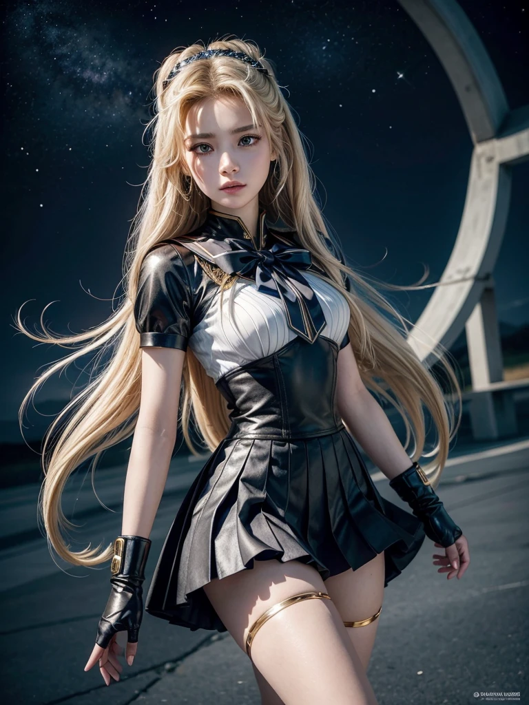 The modern version of Sailor Moon combines the heroine’s iconic look with contemporary touches. She keeps her long blonde hair, now styled in a double braid that mixes with the classic “odangos”, adding a sophisticated and modern air. Her warrior uniform is reimagined with technological fabrics that softly glow in the light, in a design that mixes futuristic fashion with traditional elements, such as the pleated skirt and the bow, now with holographic details. Her boots are more robust, with metallic details, and her gloves have advanced functions, such as controlling technological devices. The golden tiara remains present, but with a more minimalist design and a central jewel that functions as a communication device. Modern Sailor Moon is both a magical warrior and a leader figure, inspiring with her courage and style updated for the present times.