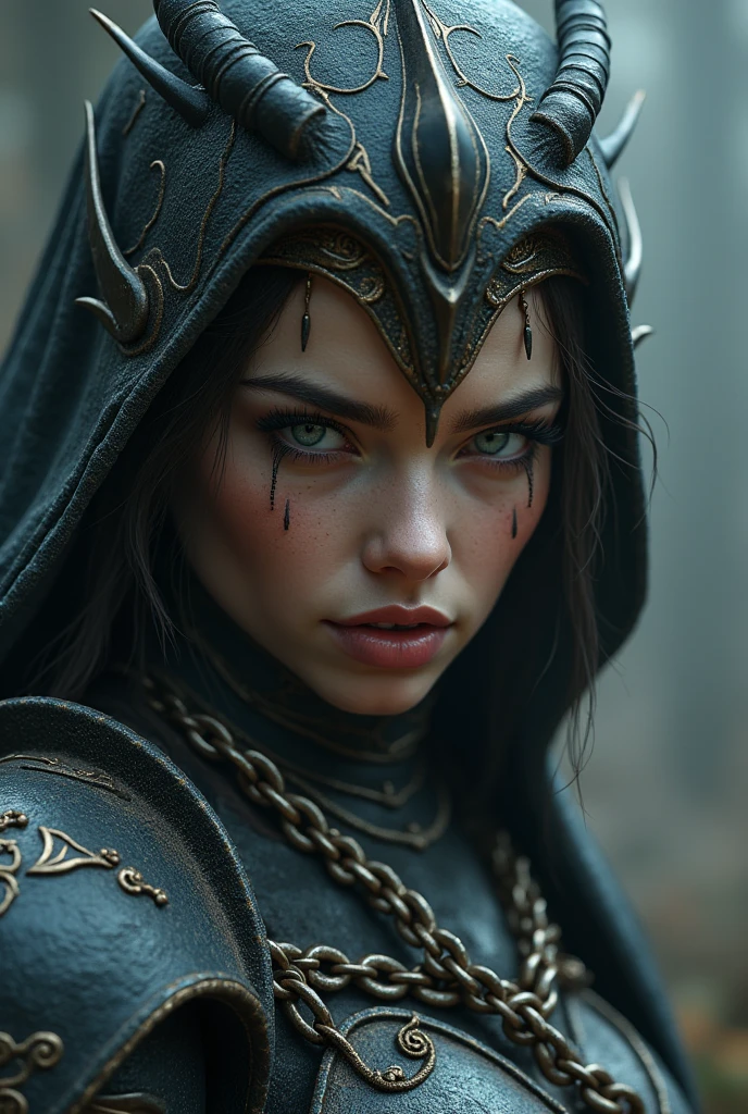 a female warrior chained to a lock, fighting against a demon, 1girl, highly detailed, extremely detailed face and eyes, beautiful detailed lips, longeyelashes, intricate armor, battle scene, dramatic lighting, dark fantasy, moody atmosphere, cinematic composition, epic scale, dramatic pose, digital painting, concept art, muted color palette, dramatic shadows, volumetric lighting, photorealistic, 8k, best quality