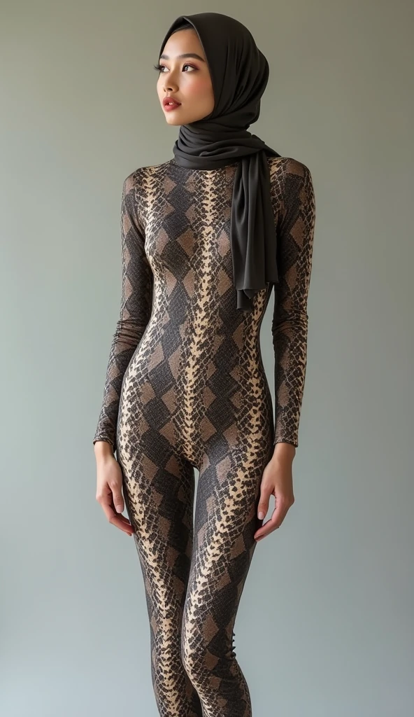 A thin and beautiful asian muslimah muslim woman with beautiful lips and beautiful cheeks wears snake print lycra turtleneck unitard catsuit.She always wear cotton snake print hijab.She is my favourite best beautiful teacher.