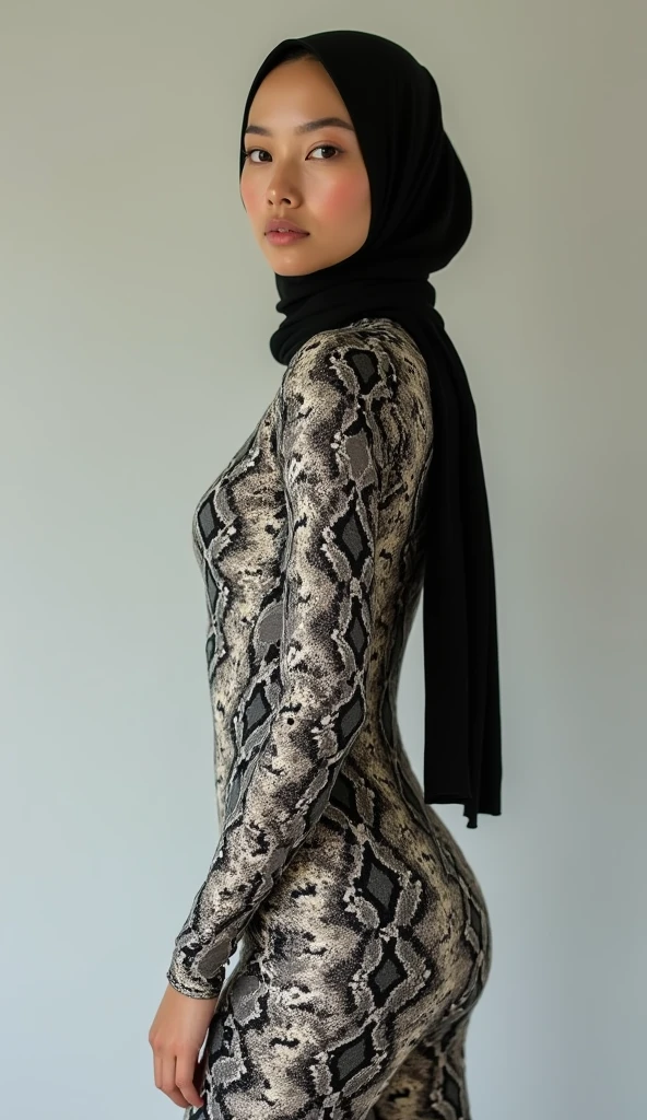A thin and beautiful asian muslimah muslim woman with beautiful lips and beautiful cheeks wears snake print lycra turtleneck unitard catsuit.She always wear cotton snake print hijab.She is my favourite best beautiful teacher.