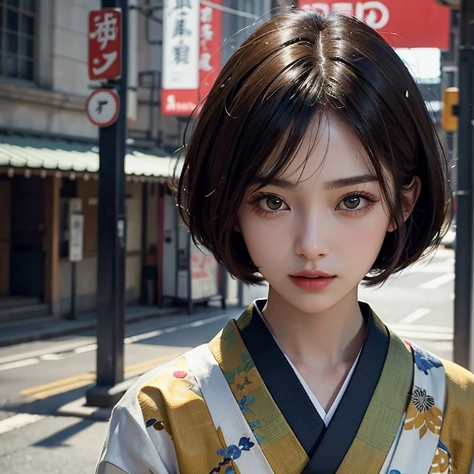 Top quality, masterpiece, HD, 1 Girl, Beautiful and perfect face, Bob Cut, Japanese clothing,kimono, Intricate details, Movie-like feel, 8K, Very detailed