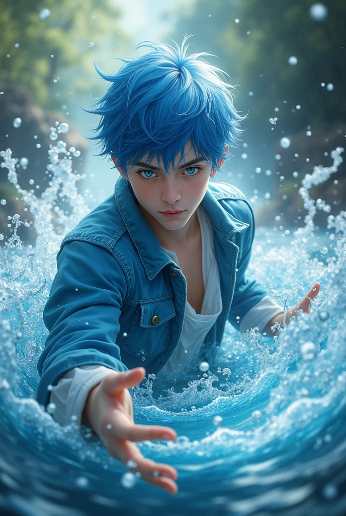 Man with blue hair with young water powers

