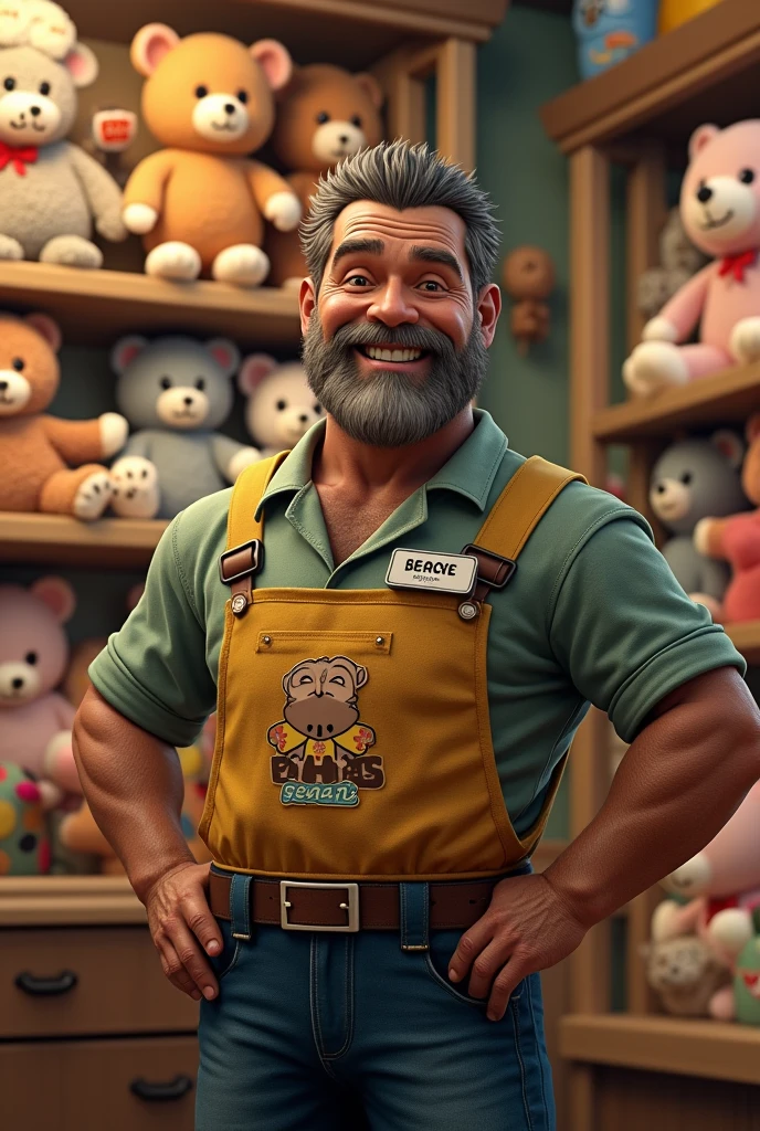 Create another realistic human male worker with the same previous outfit with the logo of a store called "bears "a stuffed animal store