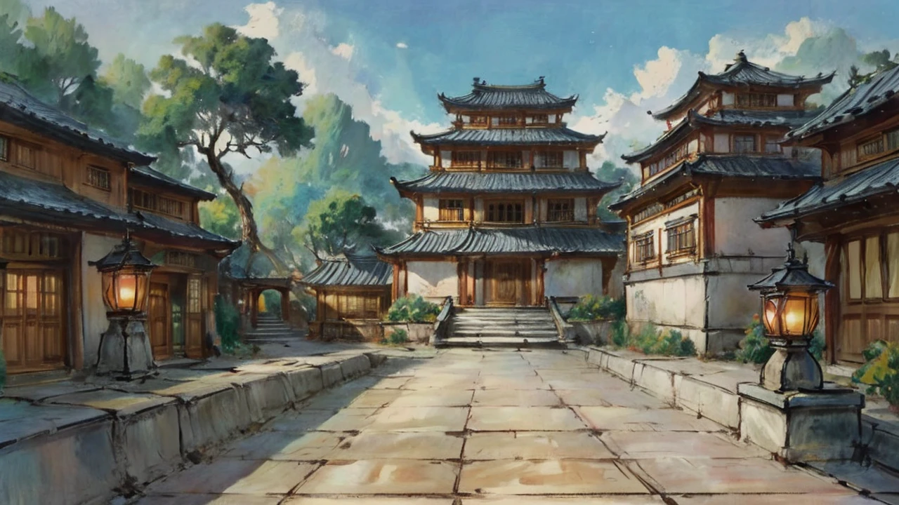 中国Ink画, masterpiece , best quality, Ink画,Guo Chao,Ink,Xianxia scene,Fantasy fairyland scene,Pavilions,architecture具有东南亚特色,cloud雾缭绕,outdoor,Sky,daytime,cloud,Tree,Blue sky,nobody,window,plant,architecture,landscape,lantern,stairs,Potted plants,architecture,东亚architecture,landscape