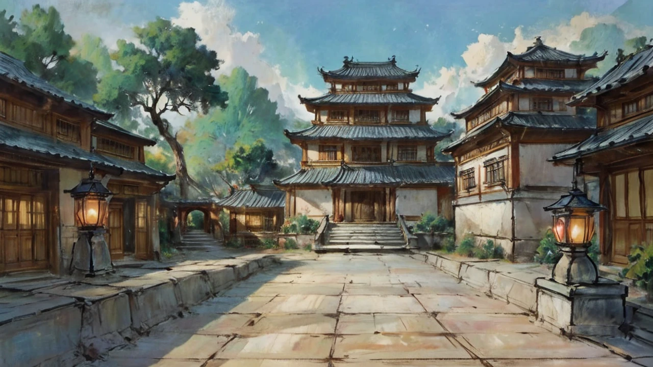 中国Ink画, masterpiece , best quality, Ink画,Guo Chao,Ink,Xianxia scene,Fantasy fairyland scene,Pavilions,architecture具有东南亚特色,cloud雾缭绕,outdoor,Sky,daytime,cloud,Tree,Blue sky,nobody,window,plant,architecture,landscape,lantern,stairs,Potted plants,architecture,东亚architecture,landscape