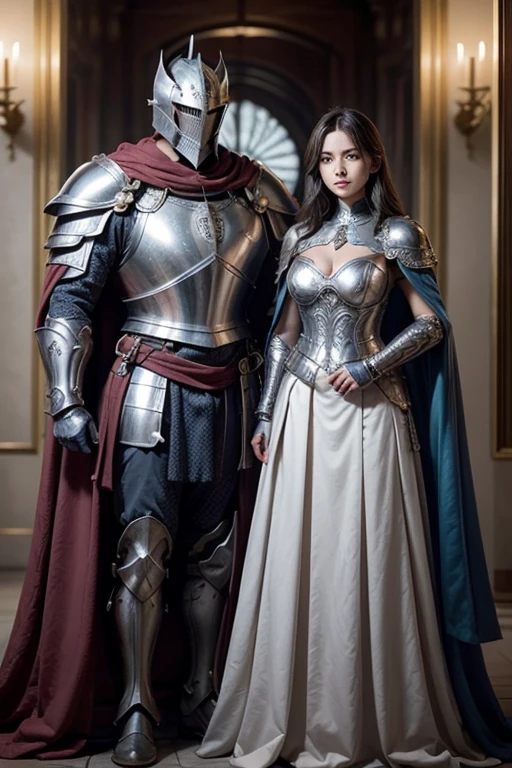One female, Mr.々Hair style,, big ,Large Breasts,Plump,Sunburn,good,firm, round, huge breasts,
A silver full helm with a beautiful line from the nose to the top of the head.,It completely covers the eyes, hiding the sharp gaze with a thin slit, leaving only a part of the face visible.,He is wearing silver full body armor with beautiful crests on his shoulders, chest and waist..is engraved,Her family crest is engraved on her shoulder and breastplate, showing her pride as a knight.,Strong metal armor that protects from the wrists to the elbows, ankles and knees,It has the beauty of armor while still allowing for a range of motion for the fingertips and toes.,The gorgeous red and blue cloak stands out against the silver armor.,The inside of the cape is intricately embroidered, giving it a noble look as it flutters in the wind.,two-handed sword(Great Sword)The blade is engraved with ancient characters and shines mysteriously as it reflects light.,Her coat of arms is engraved on the handle,A large tower shield with the kingdom's coat of arms on the front shows her as the protector of the realm.,She stands in the center of the battlefield, her sword stuck in the ground and her hands gripping the hilt.,He holds his shield at a slight angle and gazes straight ahead with a sharp gaze.,In the background, a devastated battlefield spreads and smoke hangs in the air, but she stands unwaveringly in the center.,