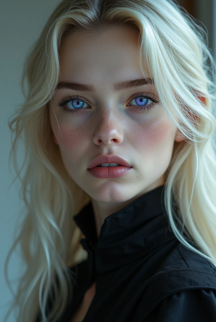 Create an image of a young girl named Apocalypse Mirovanov. She has pale skin and long golden hair that falls in soft waves to her waist.. His eyes are unique and captivating: one is deep lilac and the other is cyan blue. She has delicate features, like a well-defined jawline and full, pink lips. Her figure is slender, but conveys an underlying force. Apocalypse dresses practically, but elegant, reflecting its noble origins, without exaggerated ostentation. One eye is purple and the other is cyan.