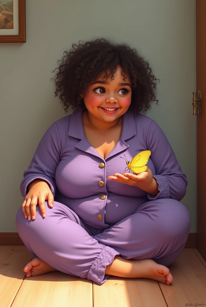a young very fat woman , with curly short hair , wearing purple and old pajamas, sitting relaxedly on the floor with her legs crossed, looking happily at a yellow little butterfly on her right palm.