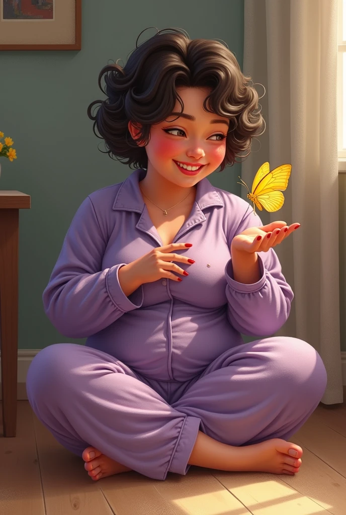 a young very fat woman , with curly short hair , wearing purple and old pajamas, sitting relaxedly on the floor with her legs crossed, looking happily at a yellow little butterfly on her right palm.