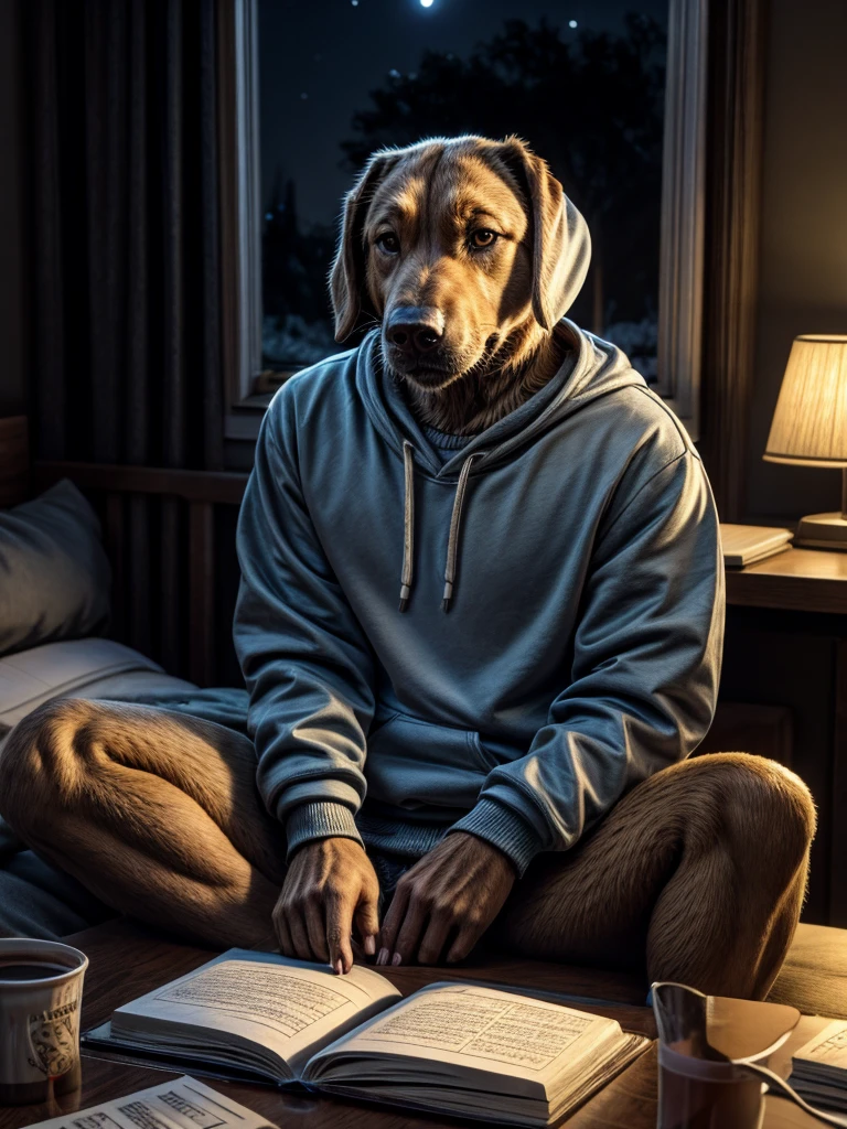 Brown Labrador wearing sweatshirt set sitting studying in bedroom on table books notebook at night with low lighting 