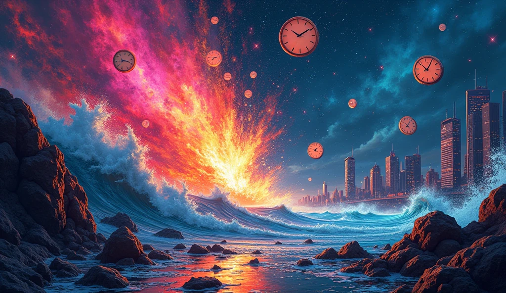 An explosion of visual chaos in a surreal setting: a night sky pulsating with bright neon colors, where stars disintegrate into fragments of light. In the background, a distorted city with buildings that bend and twist into impossible shapes, while melted clocks spread like ink stains. and an explosion from the side with a tsunami, and broken clocks and mirrors float in the air. In the foreground. All in a frenetic mix of distorted realism and abstraction, creating an environment of pure disorder and chaotic beauty.