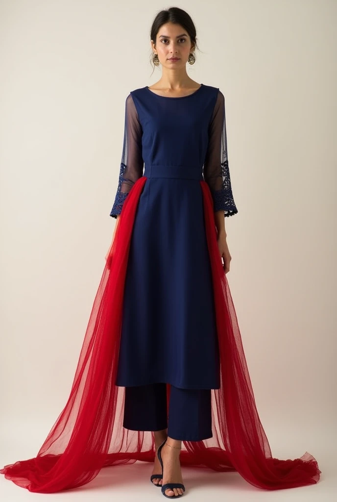 Plain deep Blue Kurti with not visible prints. Sleeves should be neted and fitting the arms above elbow, leggings pant with red net dupata. 
