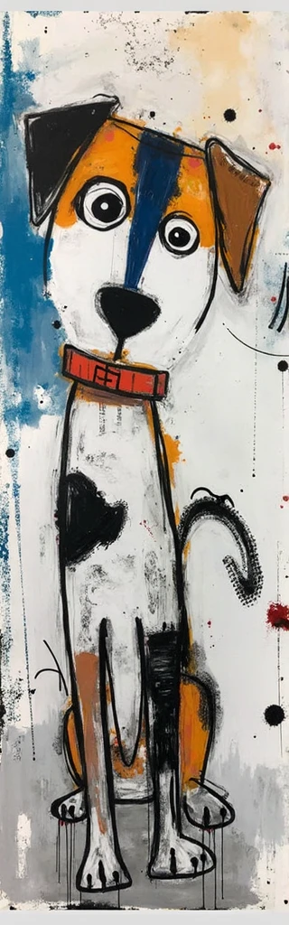 This stylized, vertical painting features a dog with exaggerated features. The dog has a large head with wide eyes and a prominent black nose. Its body is slender with elongated legs, and it wears a bright red collar. The background is abstract, with splashes of blue, orange, and white paint, along with black paint drips and splatters, adding to the whimsical nature of the artwork. The overall style is playful and imaginative, making it a unique and eye-catching piece.