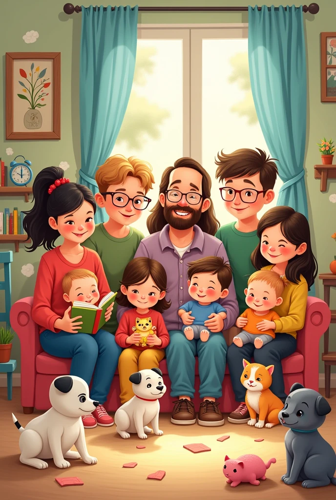 Cute cartoon of a large family of 10 members, not typical, along with her puppies and a kitten, sharing all together