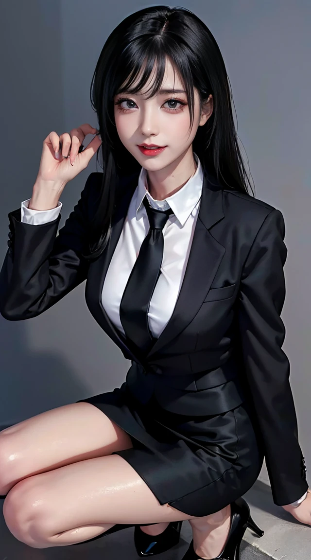 (8k, RAW Photo, highest quality, masterpiece:1.2), (Realistic), 1 girl, ((Black business suit, black pencil skirt, short skirt, black necktie, high heels)), skeletally correct, anatomically correct, black hair, long hair, sweaty body, shiny skin, beautiful face, smile, cowboy shot