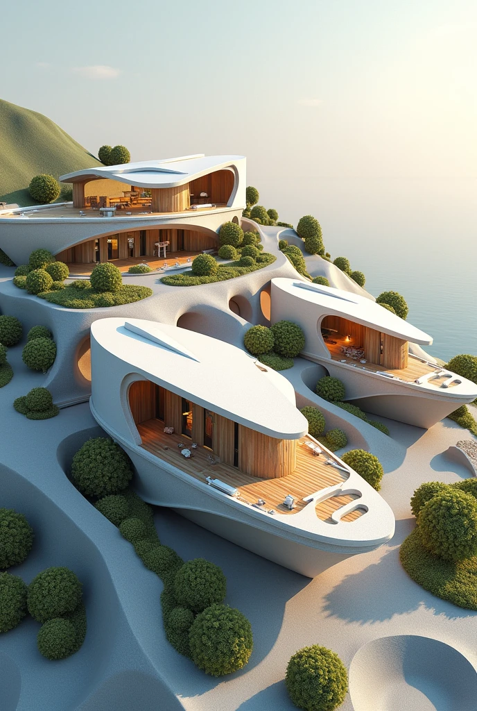 Create an image of three architectural structures with the concept of "BOAT" on sloping ground. The use of the structures is to create a space for market squares. Add geometric elements
