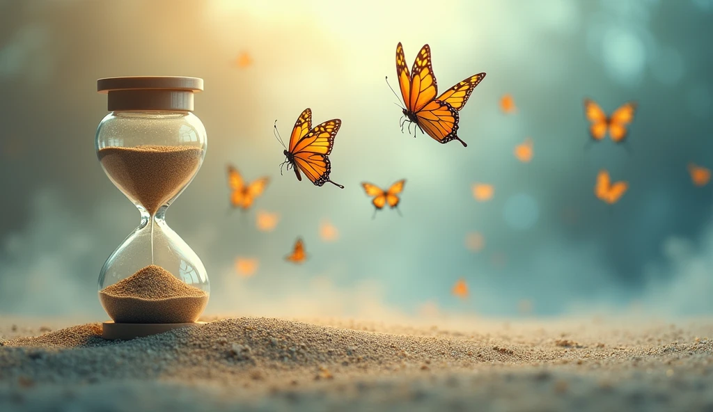 An abstract visual of time slipping away** with sand grains turning into butterflies and flying away from the hourglass.