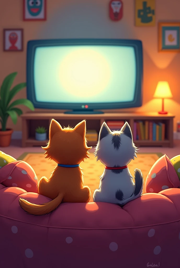 Create a cartoon image, of one and one watching a movie on the couch(camera behind them facing the TV). Imagem em 16:9