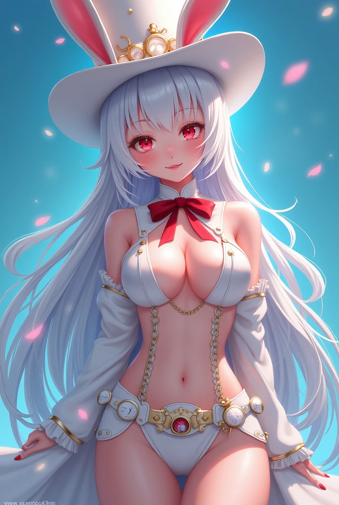 There is one cute girl with long white hair, red eyes, a white bunny girl outfit, and a big chest.ＶBunny girl outfit with a large opening Please reduce the amount of fabric in the outfit Bunny girl outfit that covers the belly button Red ribbon around the neck Small pocket watch on the right side of the waist (Put a big white top hat on me) Put bunny ears on the top hat, put lots of small pocket watches on the side of the top hat, draw him facing forward from the waist up, and make the background blue.