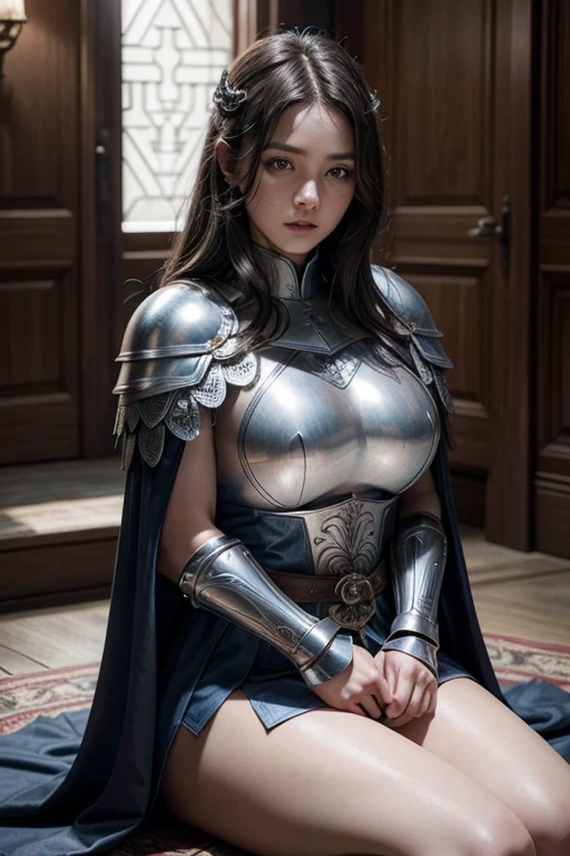 One female, Mr.々Hair style,, big ,Large Breasts,Plump,Sunburn,good,firm, round, huge breasts,
A silver full helm with a beautiful line from the nose to the top of the head.,It completely covers the eyes, hiding the sharp gaze with a thin slit, leaving only a part of the face visible.,He is wearing silver full body armor with beautiful crests on his shoulders, chest and waist..is engraved,Her family crest is engraved on her shoulder and breastplate, showing her pride as a knight.,Strong metal armor that protects from the wrists to the elbows, ankles and knees,It has the beauty of armor while still allowing for a range of motion for the fingertips and toes.,The gorgeous red and blue cloak stands out against the silver armor.,The inside of the cape is intricately embroidered, giving it a noble look as it flutters in the wind.,two-handed sword(Great Sword)The blade is engraved with ancient characters and shines mysteriously as it reflects light.,Her coat of arms is engraved on the handle,A large tower shield with the kingdom's coat of arms on the front shows her as the protector of the realm.,She stands in the center of the battlefield, her sword stuck in the ground and her hands gripping the hilt.,He holds his shield at a slight angle and gazes straight ahead with a sharp gaze.,In the background, a devastated battlefield spreads and smoke hangs in the air, but she stands unwaveringly in the center.,