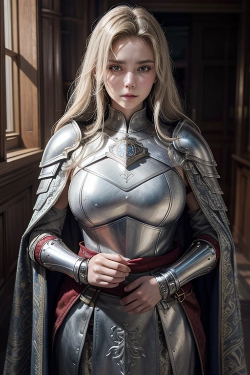 One female, Mr.々Hair style,, big ,Large Breasts,Plump,Sunburn,good,firm, round, huge breasts,

A silver full helm with a beautiful line from the nose to the top of the head.,It completely covers the eyes, hiding the sharp gaze with a thin slit, leaving only a part of the face visible.,He is wearing silver full body armor with beautiful crests on his shoulders, chest and waist..is engraved,Her family crest is engraved on her shoulder and breastplate, showing her pride as a knight.,Strong metal armor that protects from the wrists to the elbows, ankles and knees,It has the beauty of armor while still allowing for a range of motion for the fingertips and toes.,The gorgeous red and blue cloak stands out against the silver armor.,The inside of the cape is intricately embroidered, giving it a noble look as it flutters in the wind.,two-handed sword（Great Sword）The blade is engraved with ancient characters and shines mysteriously as it reflects light.,Her coat of arms is engraved on the handle,A large tower shield with the kingdom&#39;s coat of arms on the front shows her as the protector of the realm.,She stands in the center of the battlefield, her sword stuck in the ground and her hands gripping the hilt.,He holds his shield at a slight angle and gazes straight ahead with a sharp gaze.,In the background, a devastated battlefield spreads and smoke hangs in the air, but she stands unwaveringly in the center.,