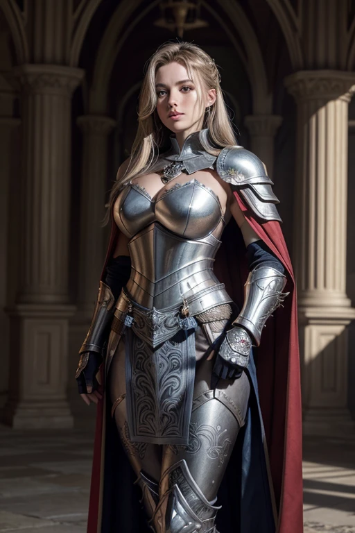 One female, Mr.々Hair style,, big ,Large Breasts,Plump,Sunburn,good,firm, round, huge breasts,
A silver full helm with a beautiful line from the nose to the top of the head.,It completely covers the eyes, hiding the sharp gaze with a thin slit, leaving only a part of the face visible.,He is wearing silver full body armor with beautiful crests on his shoulders, chest and waist..is engraved,Her family crest is engraved on her shoulder and breastplate, showing her pride as a knight.,Strong metal armor that protects from the wrists to the elbows, ankles and knees,It has the beauty of armor while still allowing for a range of motion for the fingertips and toes.,The gorgeous red and blue cloak stands out against the silver armor.,The inside of the cape is intricately embroidered, giving it a noble look as it flutters in the wind.,two-handed sword(Great Sword)The blade is engraved with ancient characters and shines mysteriously as it reflects light.,Her coat of arms is engraved on the handle,A large tower shield with the kingdom's coat of arms on the front shows her as the protector of the realm.,She stands in the center of the battlefield, her sword stuck in the ground and her hands gripping the hilt.,He holds his shield at a slight angle and gazes straight ahead with a sharp gaze.,In the background, a devastated battlefield spreads and smoke hangs in the air, but she stands unwaveringly in the center.,