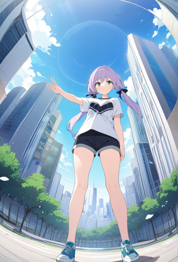 masterpiece, best quality, absurdres, 8k wallpaper, source_anime, uncensored, anime artwork, anime style, anime coloring, studio anime, megami magazine,
The blue sky is barely visible among the skyscrapers, the girl is reaching out towards the blue sky, the girl has light purple hair tied in low twin tails, green eyes, a black dance shirt and shorts, sneakers on bare feet, masterpiece, advertising art, illustration, shot from below, fisheye lens effect