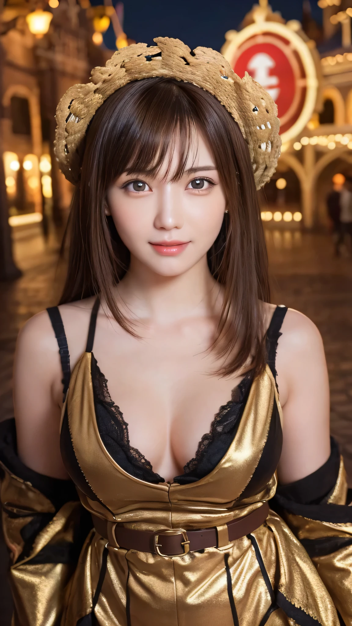 one person&#39;s, (Beautiful girl, Delicate:1.3), (:1.3),
break, (one piece:1.2), Long skirt,
break, (Night Theme Park, illumination:1.2),
break, Very beautiful eyes, (Symmetrical eyes:1.3),
break, Small breasts, Brown eyes, Parted bangs, Brown Hair, (Upper teeth, The best smile:0.2),
break, (Eye and facial details:1.0),
break, (masterpiece, Highest quality, Super detailed, Detailed face, 8k)