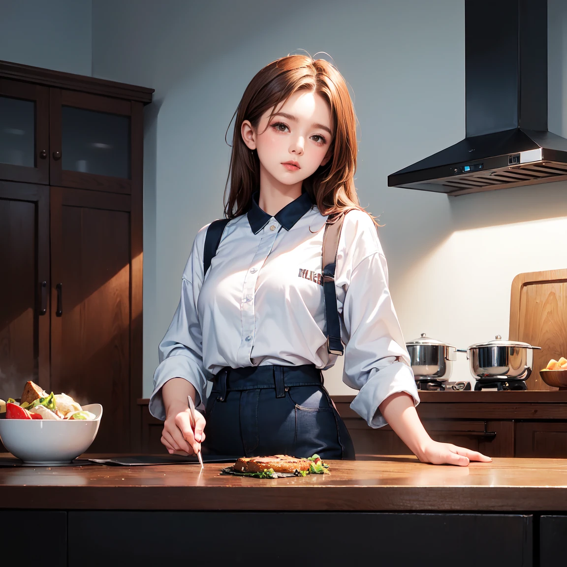 ((masterpiece、Highest quality、High resolution、Perfect Pixel、8k))、Kitchen background、portrait、１person&#39;s、Japanese、Idol、(((squatting)))、Wearing an apron、((hime_cut、Brown Hair))、((Brown eyes、Beautiful eyelashes、current eyes))、((Detailed face、blush:1.2))、((Smooth texture:0.75、Realistic texture:0.65))、Dynamic Angle、Perfect body、dutch angle
