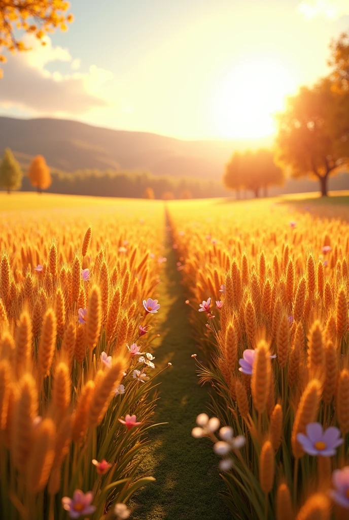 Autumn,bright light,wheat:1.3,(sunny day:1.5),gardenia,forsythia,baby's breath,yellow rice,rice field,c4d,32k,oc renderer,fine,plant vines,water drops,rich details,Masterpiece,high quality,detailed,no_humans,scenery,agriculture,farmland,plant,wheat,Wheat fields,Solar terms,Wilderness,moss\(style\),3D autumn wheat field scene,nature,
