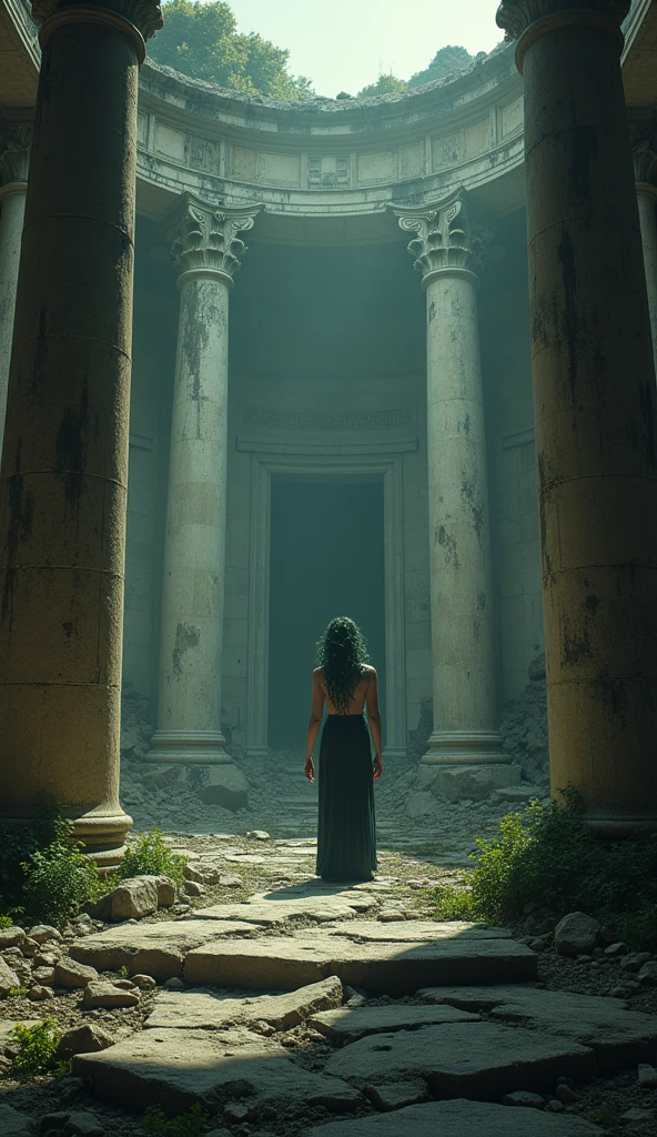 Hyperrealistic image of abandoned mythological Medusa, alone in some ruins, dark environment, very little light,