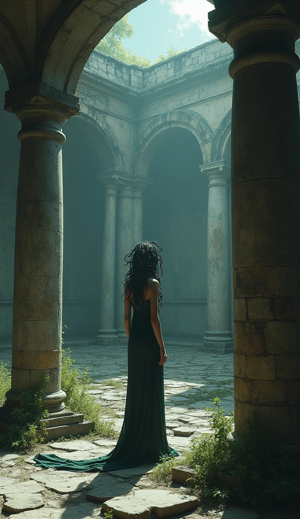 Hyperrealistic image of abandoned mythological Medusa, alone in some ruins, dark environment, very little light,