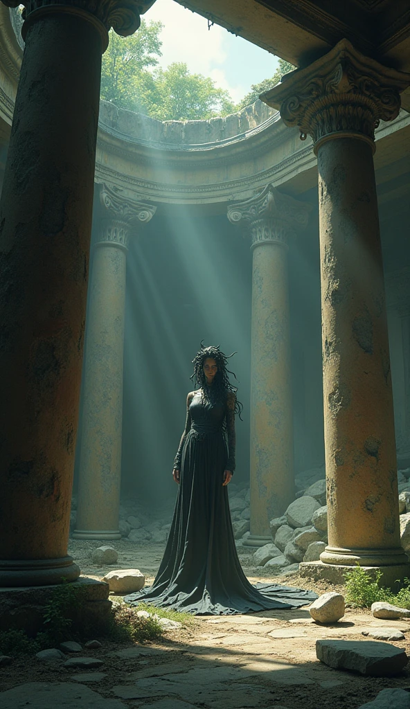 Hyperrealistic image of abandoned mythological Medusa, alone in some ruins, dark environment, very little light,
