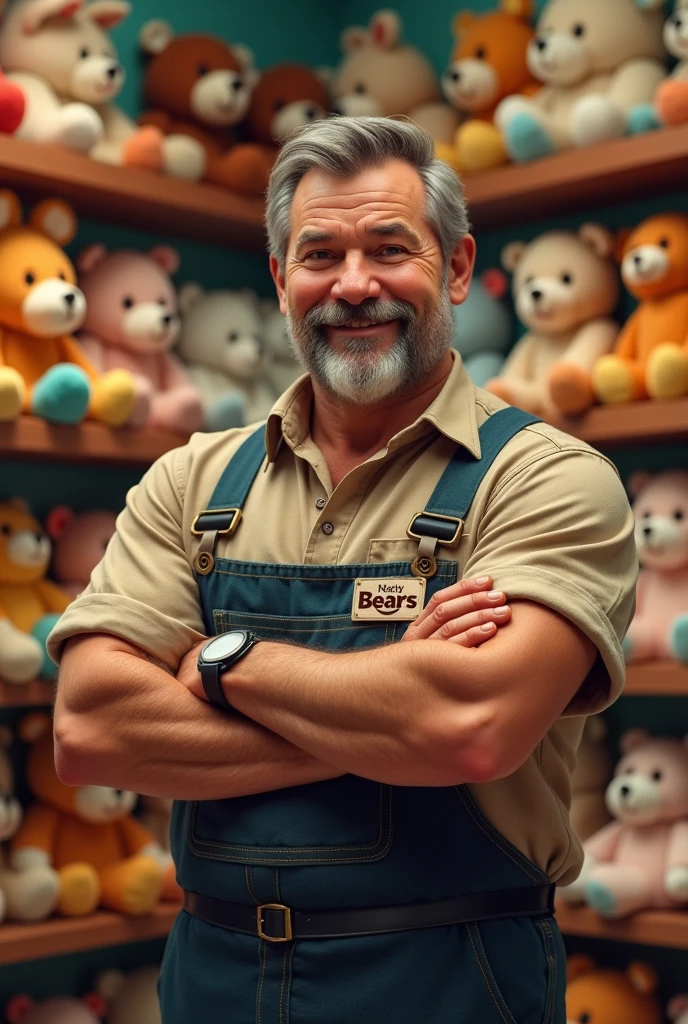 Create another realistic human male worker with the same previous outfit with the logo of a store called "bears "a stuffed animal store