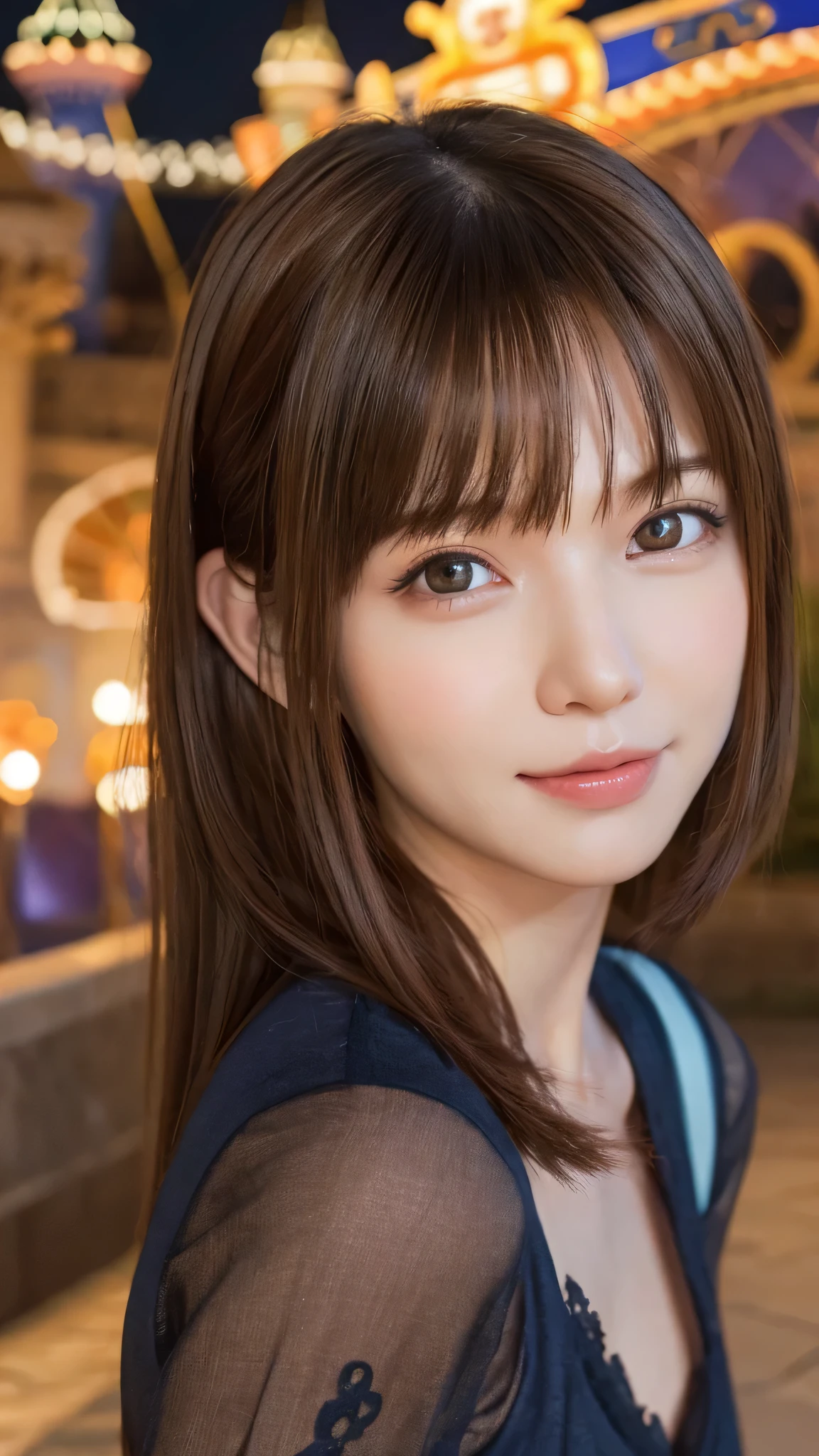one person&#39;s, (Beautiful girl, Delicate:1.3), (:1.3),
break, (one piece:1.2), Long skirt,
break, (Night Theme Park, illumination:1.2),
break, Very beautiful eyes, (Symmetrical eyes:1.3),
break, Small breasts, Brown eyes, Parted bangs, Brown Hair, (Upper teeth, The best smile:0.2),
break, (Eye and facial details:1.0),
break, (masterpiece, Highest quality, Super detailed, Detailed face, 8k)