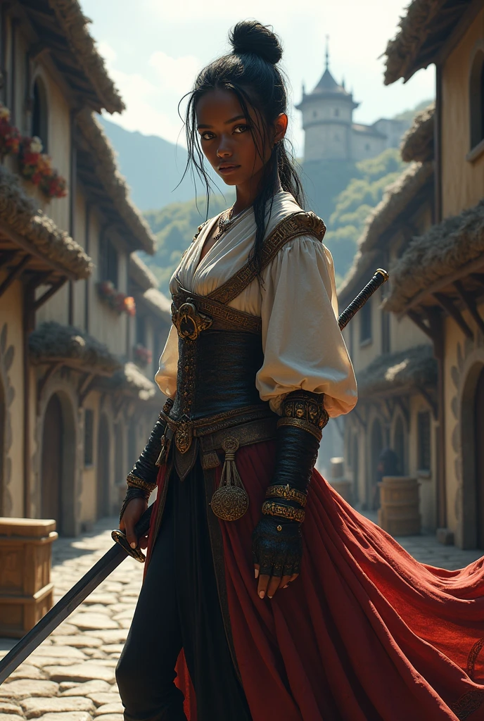 Create an RPG character, a dark-skinned woman of the human race, with a katana in a medieval village, with medieval clothes