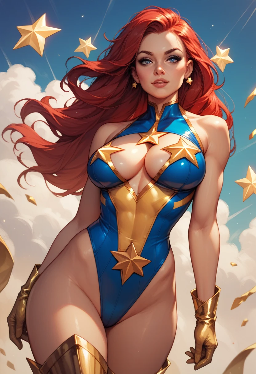 Sexy,Superheroine, Red hair, long hair, busty, ((blue highleg leotard with a t-back thong and a gold star insignia on chest)), gold boots, gold gloves