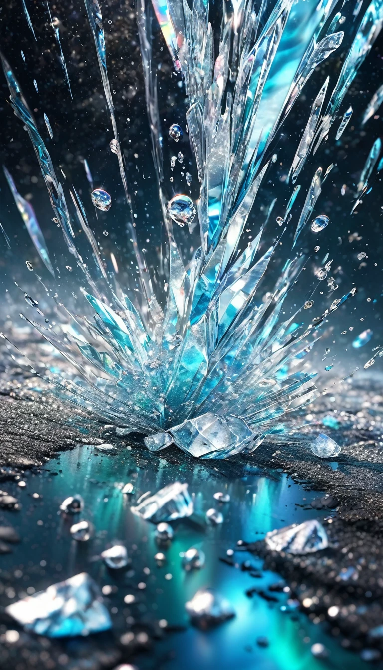 conceptual installation art, falling ice drops, shattering on the ground, background iridescent Tiffany Blue, (ultra detailed, absolutely resolution, best quality:1.3), 2.5D, delicate and dynamic effects, glitter effects, artistic, artistic photography, hyper realistic, CG digital art