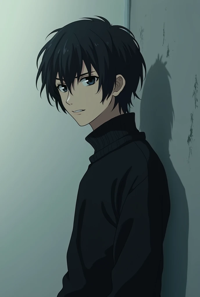 The image is in the style of a Ghibli studio anime., although somewhat gloomy and adult, A 20-year-old young man appears in it. He is standing in front of a white wall, He is seen almost from behind, He has medium-long hair and black eyes.. He looks serious and smiles sinisterly.. He is wearing a black sweater.