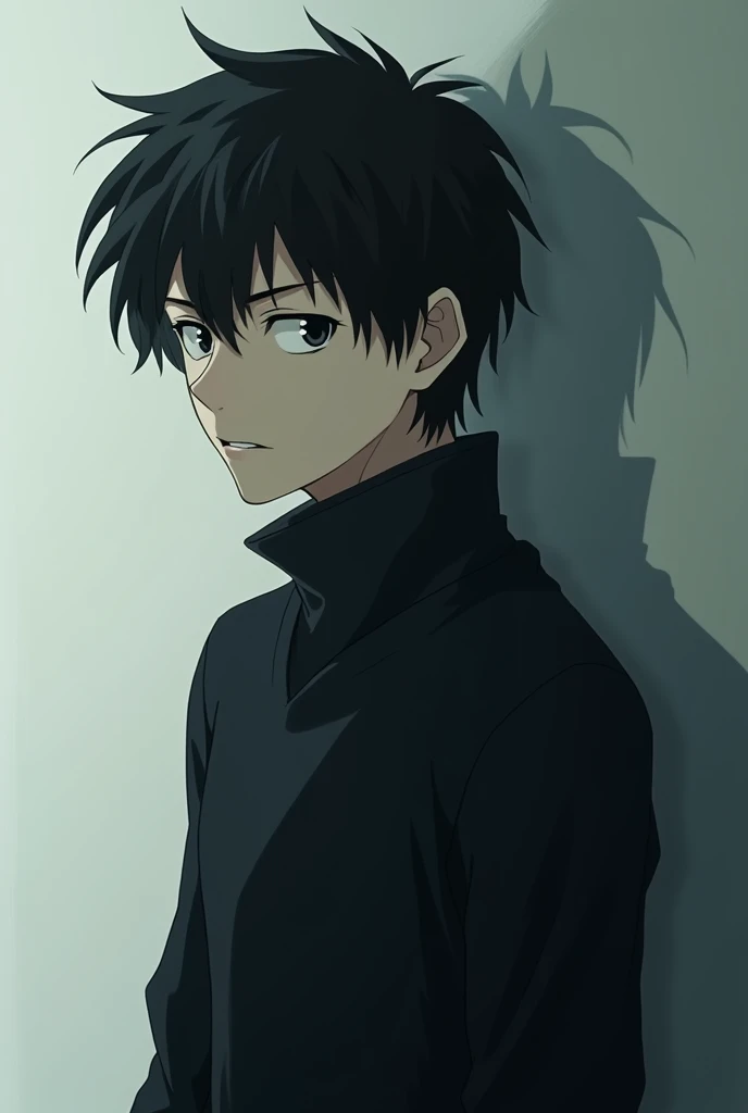 The image is in the style of a Ghibli studio anime., although somewhat gloomy and adult, A 20-year-old young man appears in it. He is standing in front of a white wall, He is seen almost from behind, He has medium-long hair and black eyes.. He looks serious and smiles sinisterly.. He is wearing a black sweater.