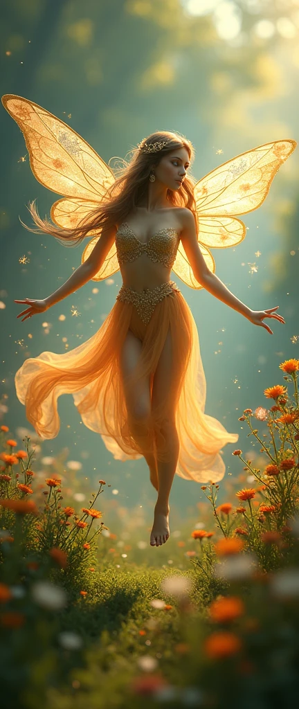 a beautiful fairy flying among wild flowers, magical, shimmering lights, idyllic, ethereal, (best quality,4k,8k,highres,masterpiece:1.2),ultra-detailed,(realistic,photorealistic,photo-realistic:1.37),intricate,fractal,delicate features,large butterfly wings,long flowing hair,glowing aura,fantasy,vibrant colors,dramatic lighting,lush nature background,dreamlike atmosphere,shimmering sparkles
