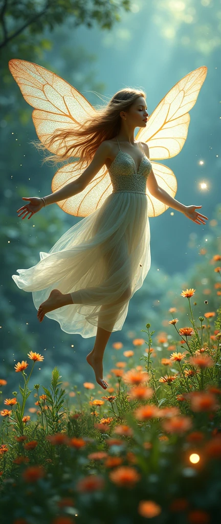 a beautiful fairy flying among wild flowers, magical, shimmering lights, idyllic, ethereal, (best quality,4k,8k,highres,masterpiece:1.2),ultra-detailed,(realistic,photorealistic,photo-realistic:1.37),intricate,fractal,delicate features,large butterfly wings,long flowing hair,glowing aura,fantasy,vibrant colors,dramatic lighting,lush nature background,dreamlike atmosphere,shimmering sparkles