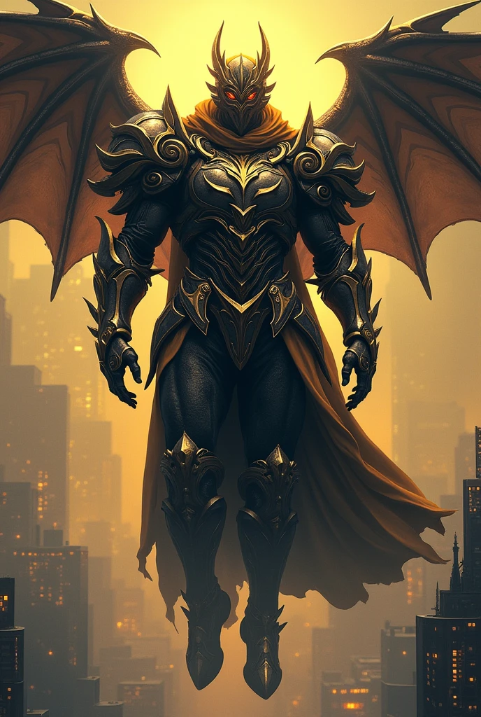 A big guy man adorned in fantasy-style full-body armor wearing virtual reality tool hanging on his necks. a crown-concept fully enclosed helmet that unveils only her eyes, a composite layered chest muscle, fully encompassing shoulder and hand guards, a lightweight waist armor, form-fitting shin guards, the overall design is heavy-duty yet flexible, ((the armor gleams with a yellow lighting, complemented by black and silver accents)), exhibiting a noble aura, he floats above the Futuristic city, this character embodies a finely crafted fantasy-surreal style armored hero in anime style, exquisite and mature manga art style, (Bat concept Armor, photorealistic:1.4, real texture material:1.2, professional photo, cinematic), ((city night view, element, energy, elegant, goddess, gentlement:1.5)), metallic, high definition, best quality, highres, ultra-detailed, ultra-fine painting, extremely delicate, anatomically correct, symmetrical face, extremely detailed wearing VR, high quality eyes, creativity, RAW photo, UHD, 32k, Natural light, cinematic lighting, masterpiece-anatomy-perfect, masterpiece:1.5