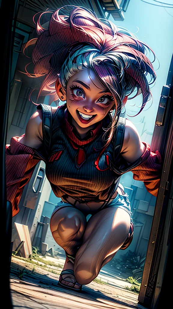 ultra wide angle lens , Bottom view , worm eye view , teenager , woman , Smiling and cheerful face , Wear a waistcoat. , shorts , No Bra , NUDE , Walking in the amusement park, full of monsters , full body image , wide angle , Highly detailed
