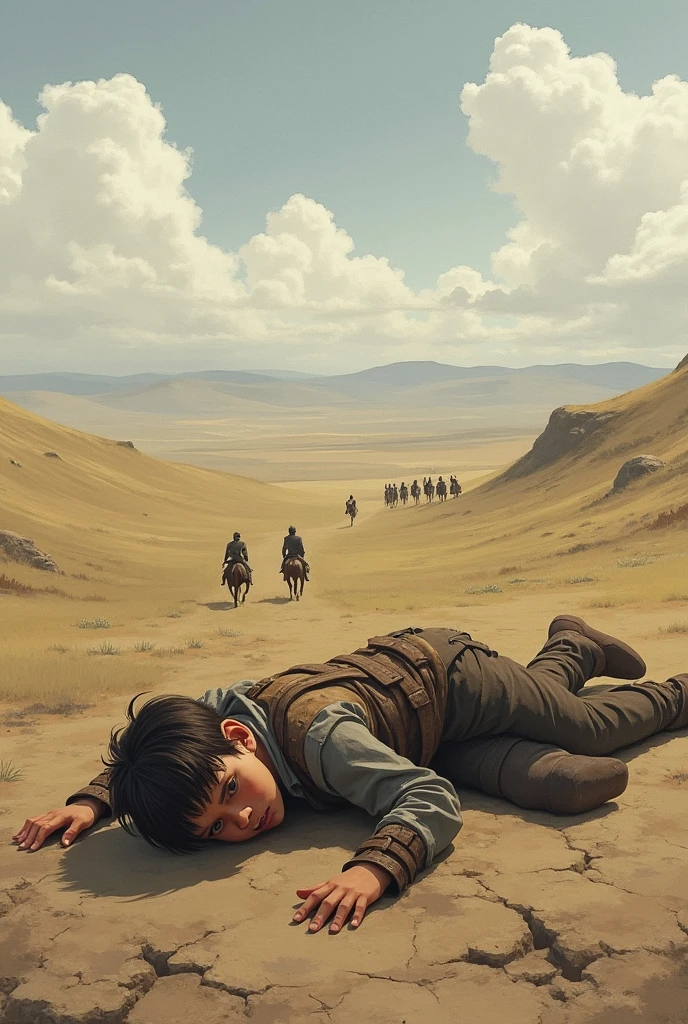 A boy on the ground and on the horizon a bunch of bandits running away